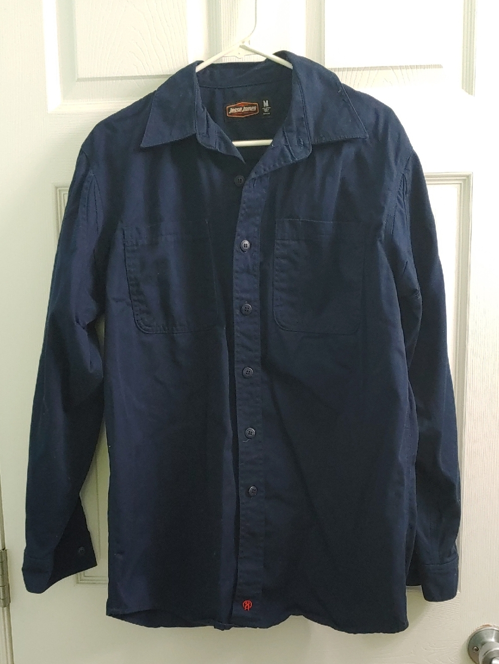 Jesse James Workwear Shirt Navy Blue Cotton Long Sleeve Button Down Men's Size M